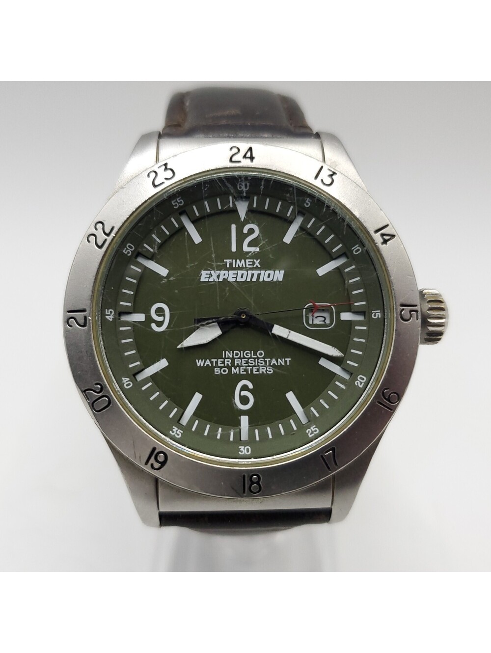 Timex Expedition Indiglo Mens 41mm Watch Silver Tone Green Dial New Battery